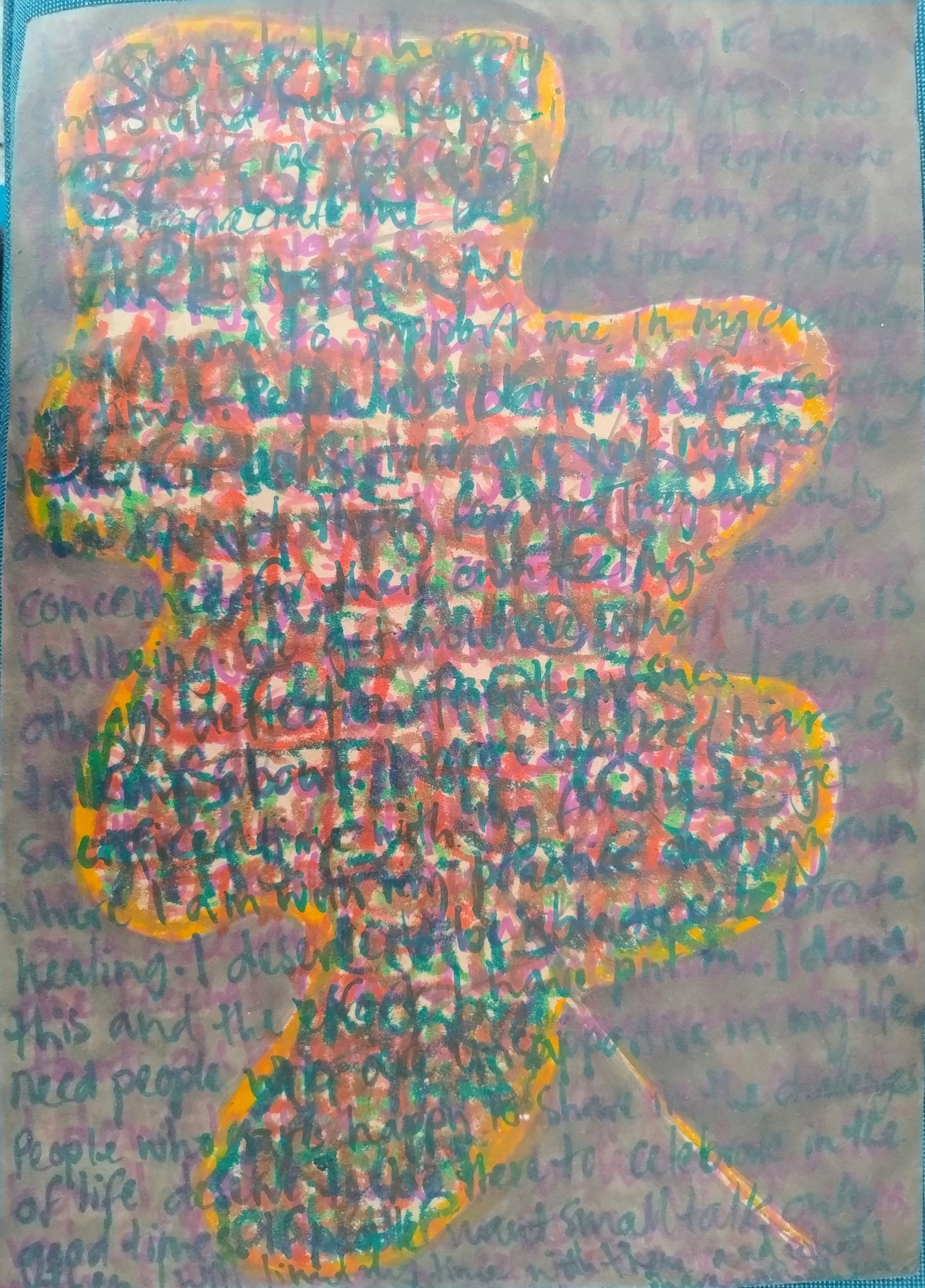Art journal page featuring a hand-written free-write reflection layered over a colourful painted background