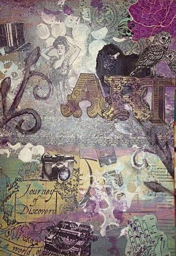 Vintage-style collage art journal page featuring an owl, camera, typewriter, and the word 'Art', themed around a journey of discovery
