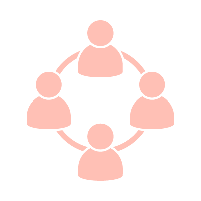 Community Icon: Connected people. Pink on white background
