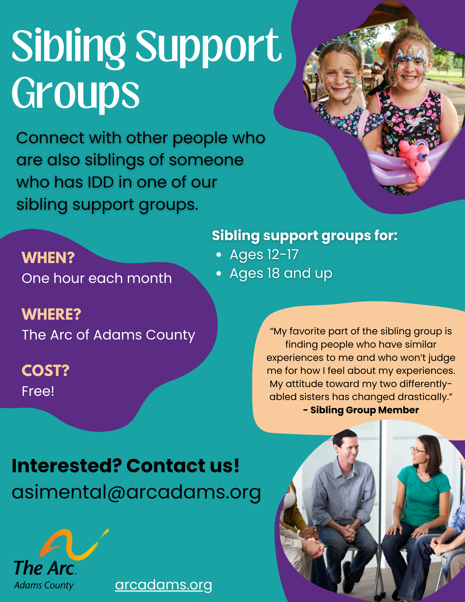 Sibling Support Group Flyer - more info at arcadams.org