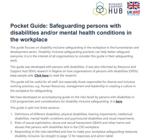 Cover Page of the Pocket Guide: Safeguarding persons with disabilities and/or mental health conditions in the workplace