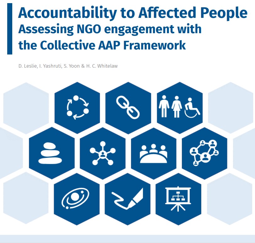 First page of the report: Accountability to Affected People Assessing NGO engagement with the Collective AAP Framework. Different icons are shown