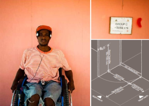 Man in a wheelchair, architectural graphic, and a photo