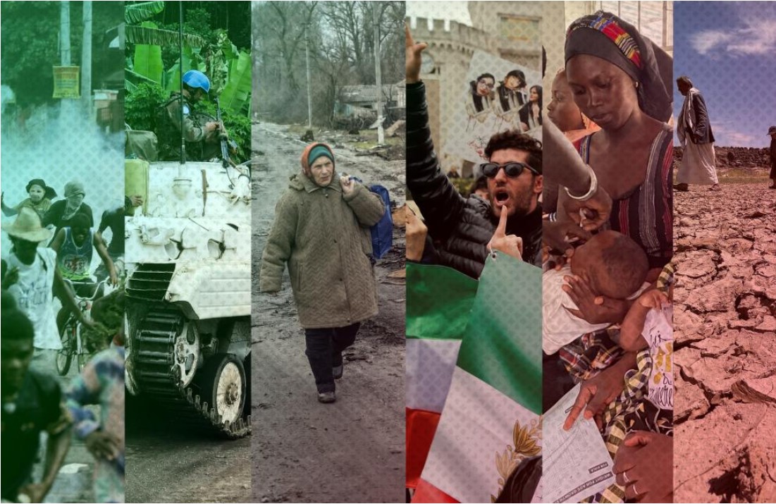 different images of disaster, riots, tank, protest, mother with baby, desert