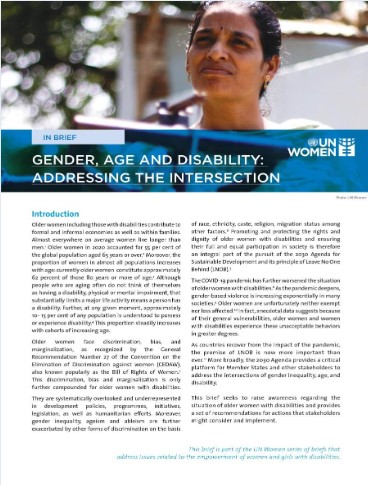 Gender, age, and disability: Addressing the intersection cover page with woman looking ahead