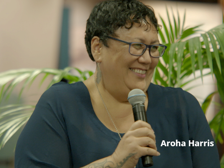 Head and shoulder photo of Aroha Harris, participating in panel discussion.