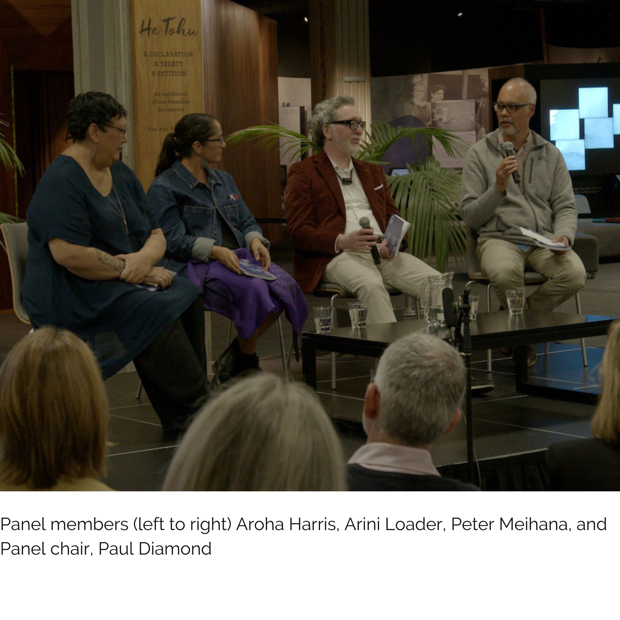 Panellists, Aroha Harris, Arini Loader and Peter Meihana with panel chair, Paul Diamond