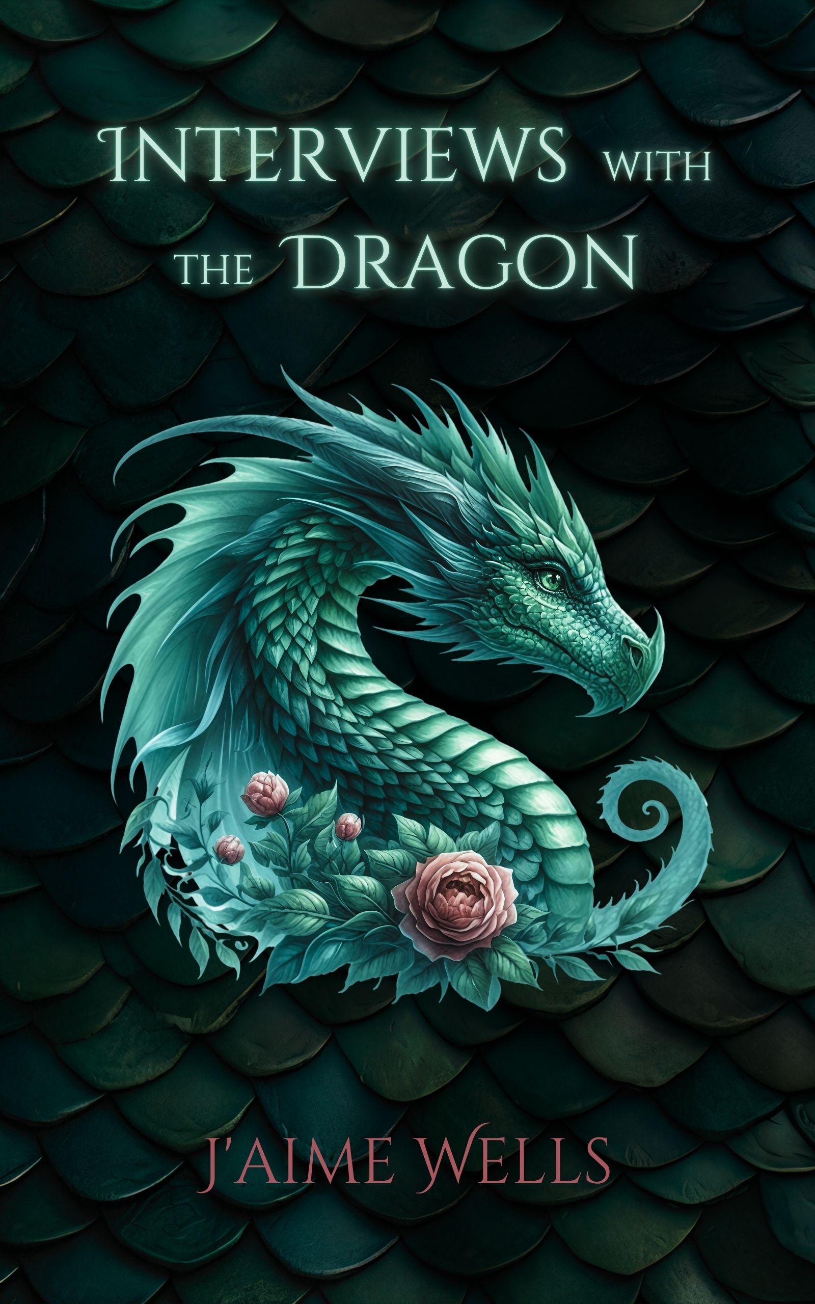 Book cover showing a teal dragon and pink flowers. Title is Interviews with the Dragon.