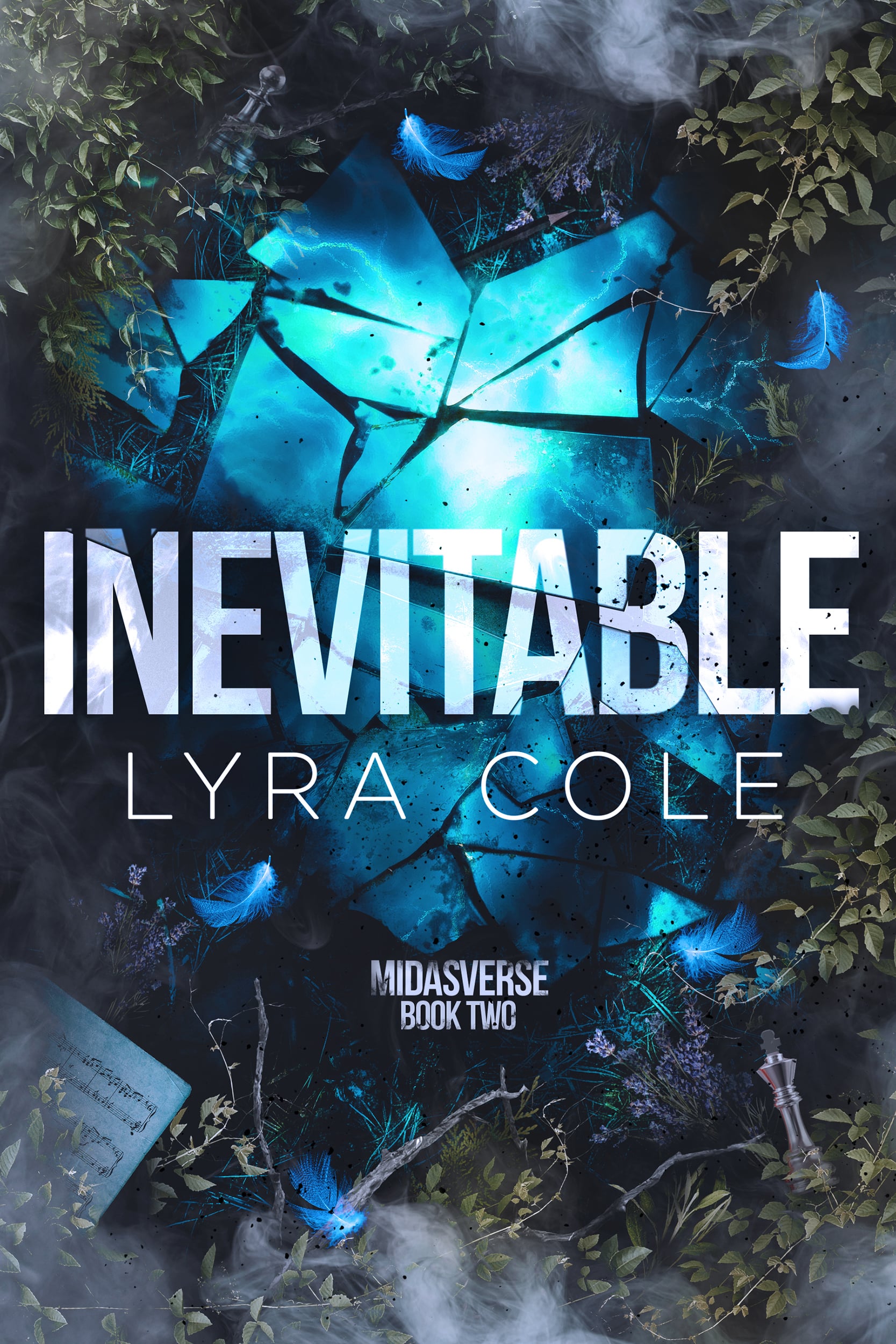 The cover of Impossible, Book 1 of the Midasverse series. A mess of green foliage, mostly cedar and pine boughs, with several things littered about, including blue feathers, dried cloves, bergamot flowers, sheet music, and a pencil sketch of a bird in flight. Flames border the image, and smoke drifts over everything in a slight haze.