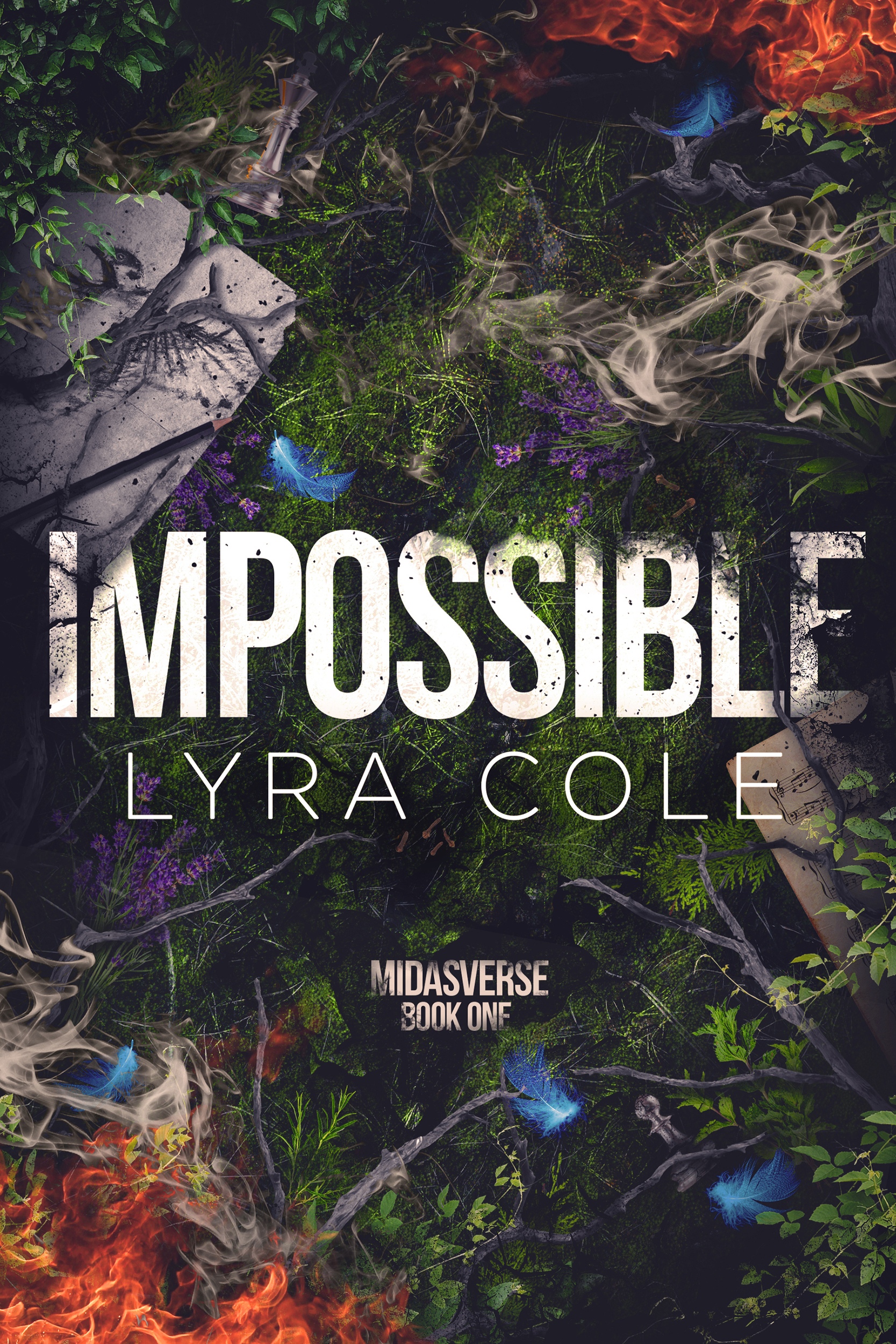 The cover of Impossible, Book 1 of the Midasverse series. A mess of green foliage, mostly cedar and pine boughs, with several things littered about, including blue feathers, dried cloves, bergamot flowers, sheet music, and a pencil sketch of a bird in flight. Flames border the image, and smoke drifts over everything in a slight haze.