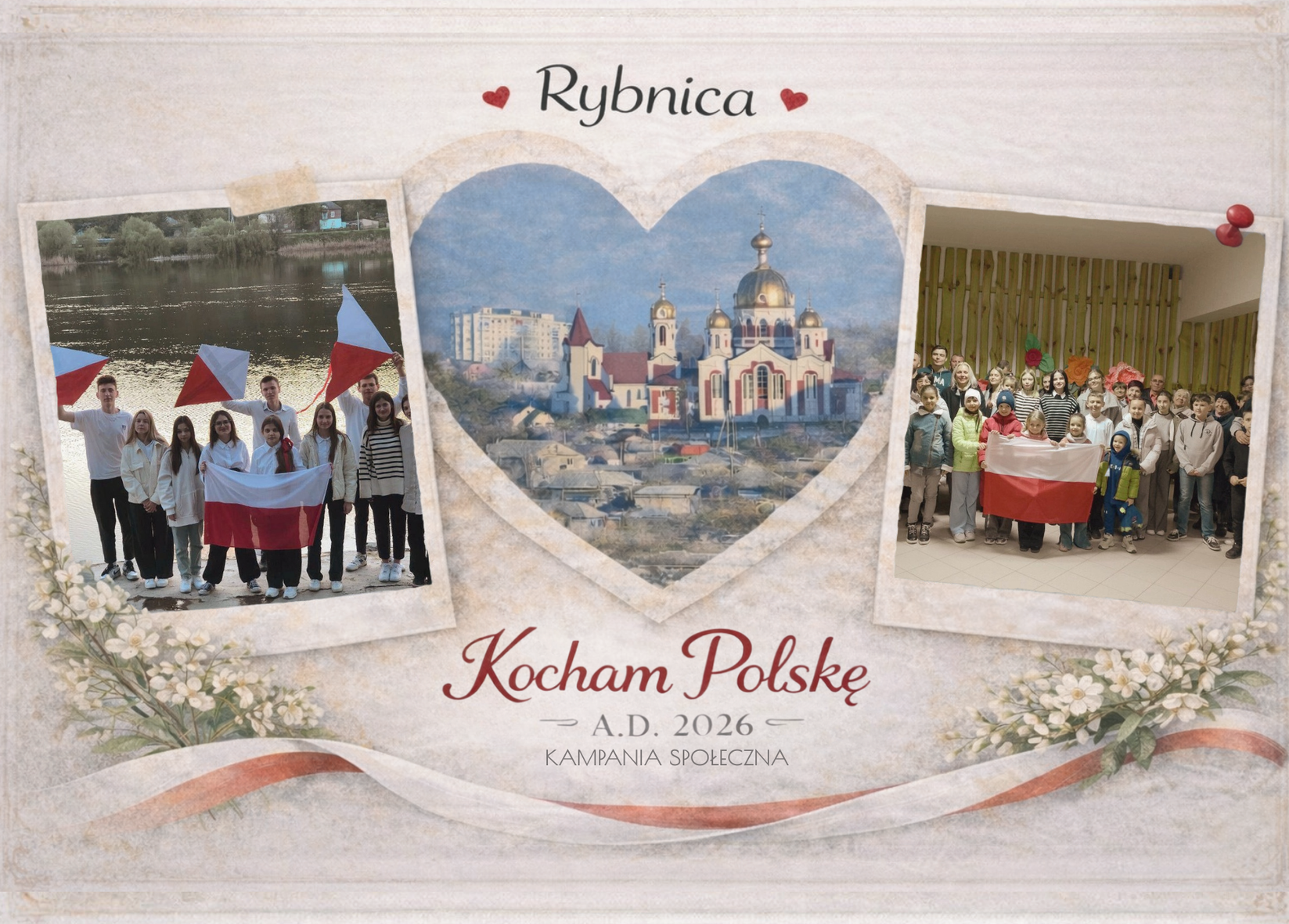 Awers Pocztówka Rybnica Kocham Polskę A. D. 2026 KAMPANIA SPOŁECZNA; Na pocztówce zdjęcia Polaków z Naddniestrza