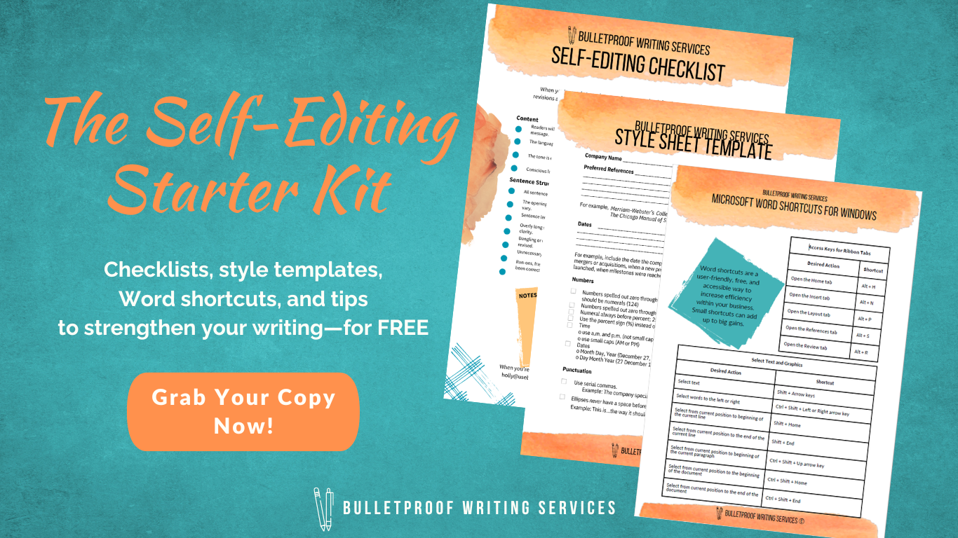 Promotional graphic for The Self-Editing Starter Kit, showing a self-editing checklist, style sheet template, and Word shortcuts sheet, with a 
