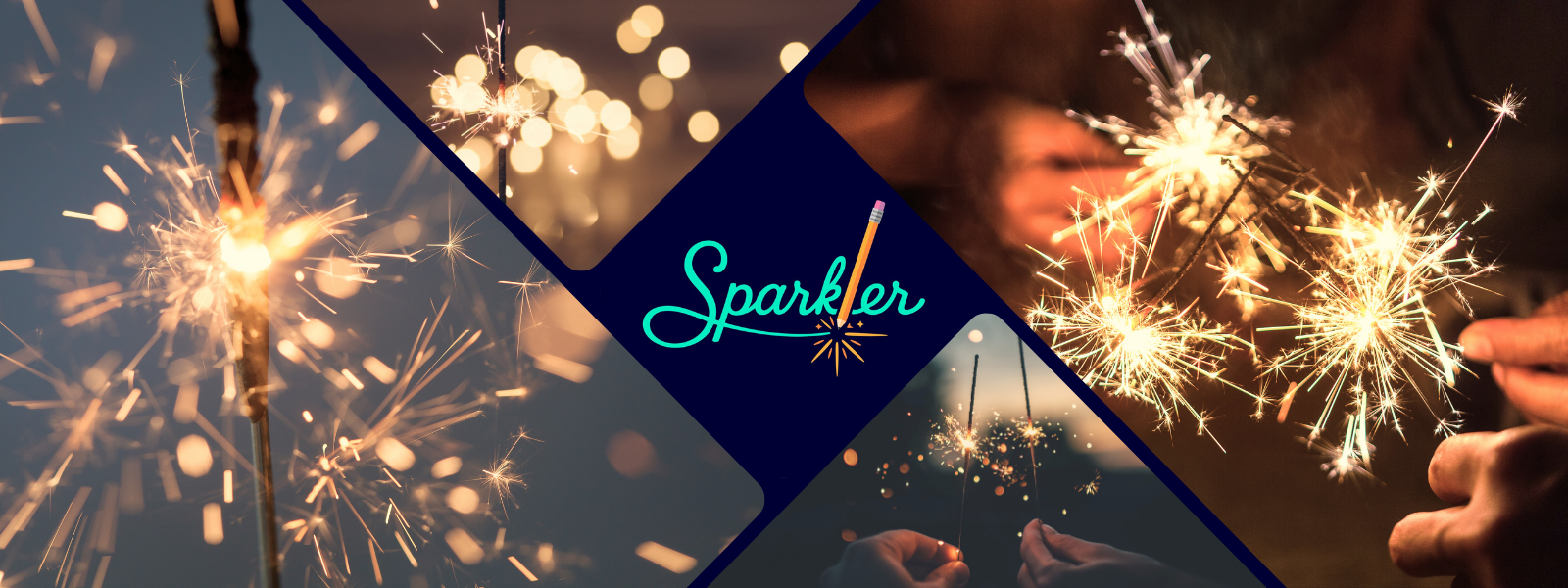 Four images of lit sparklers with the Sparkler Magazine logo in center