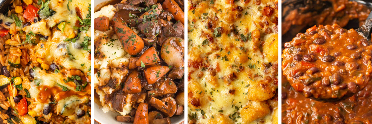 Collage showing close up shots of several easy cheesy vegetarian recipes.