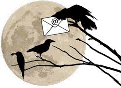 Three ravens sit on a tree in front of a full moon. One holds an envelope in its beak.