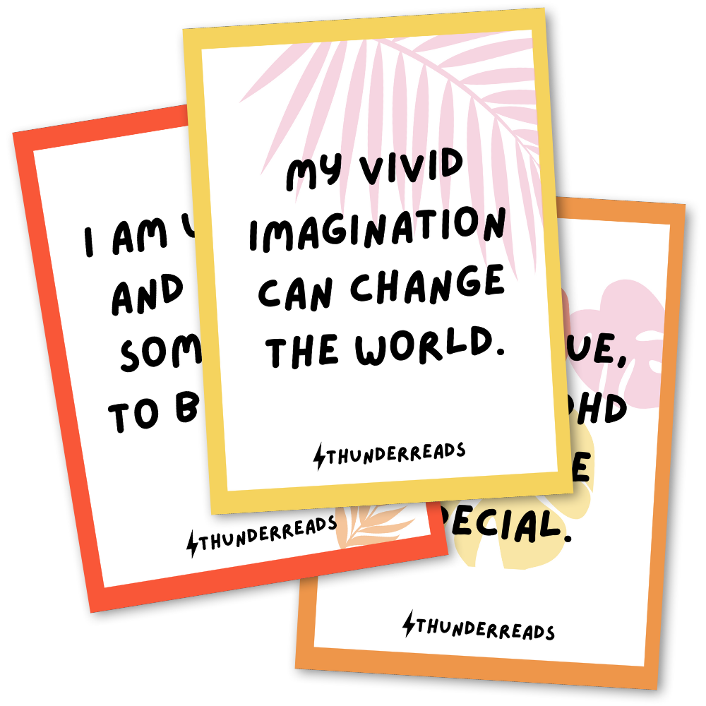 Three overlapping affirmation cards for ADHD kids in a mockup, each featuring vibrant colors and encouraging messages, designed to inspire and empower young minds.