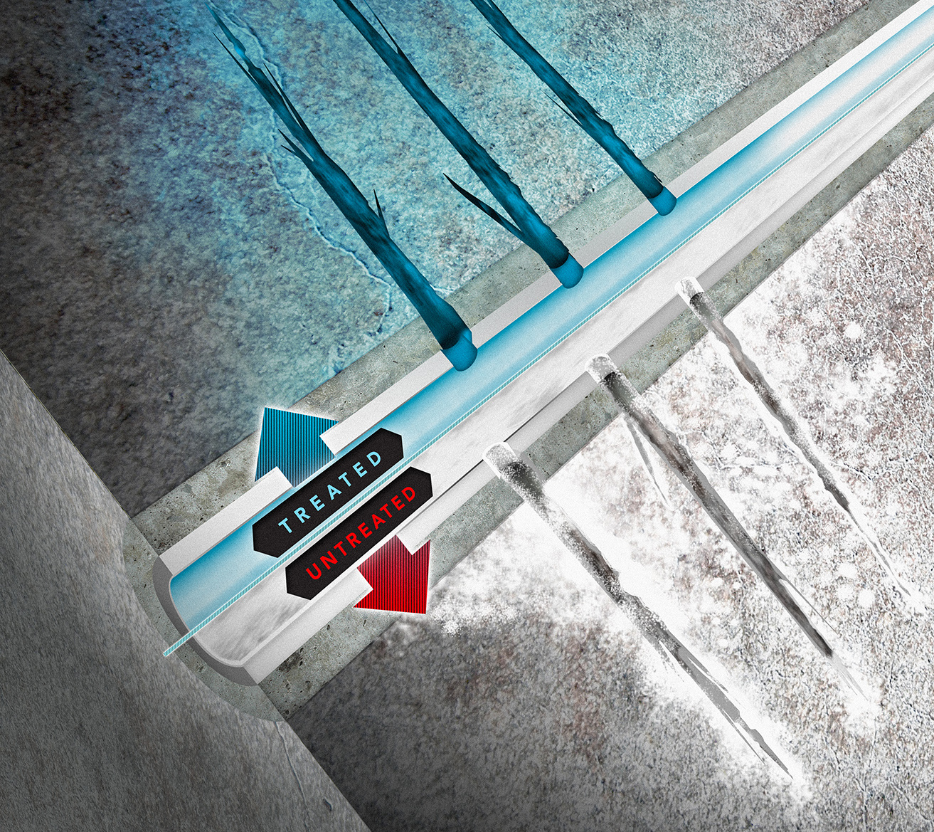 Illustration of a well bore with a treated and untreated side