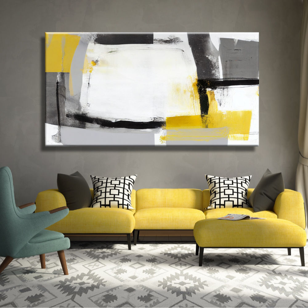 Cuadro Abstracto Vanguardista y Minimalista en grises, blanco y mostaza para salón moderno