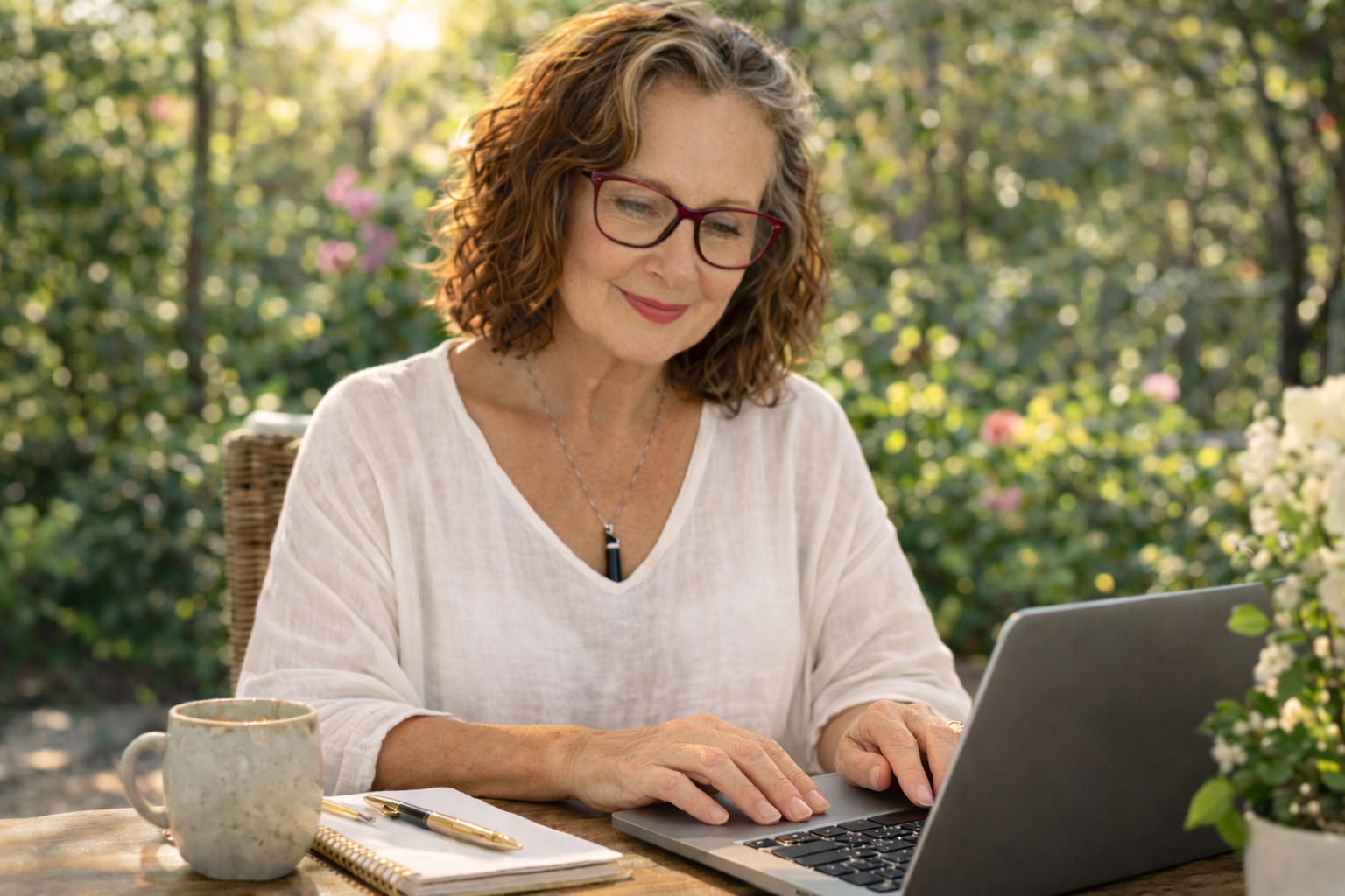 Karen working at her laptop outdoors