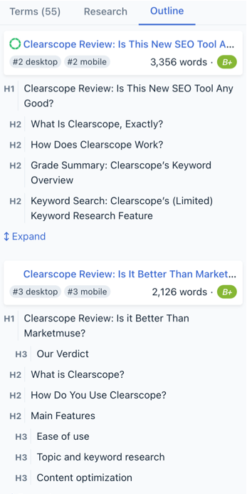 clearscope outline tab