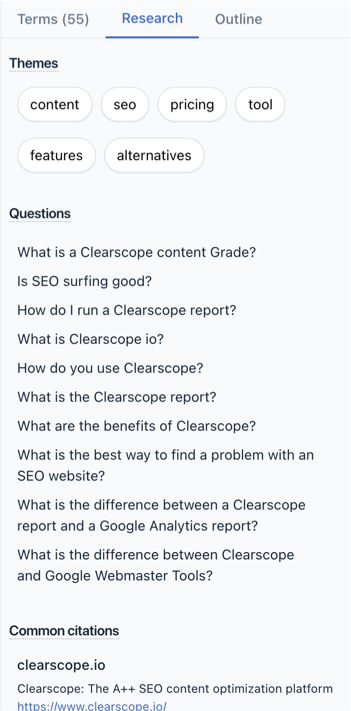 clearscope research tab