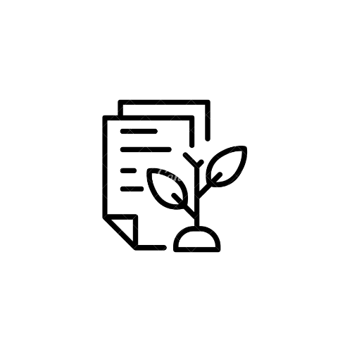 black and white line drawing of pages of writing with a plant next to them them