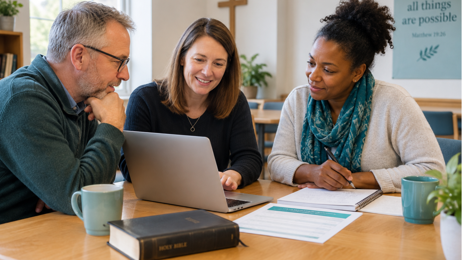 3 people with one open laptop. pens and notebooks and a bible sit around a table in a church office.