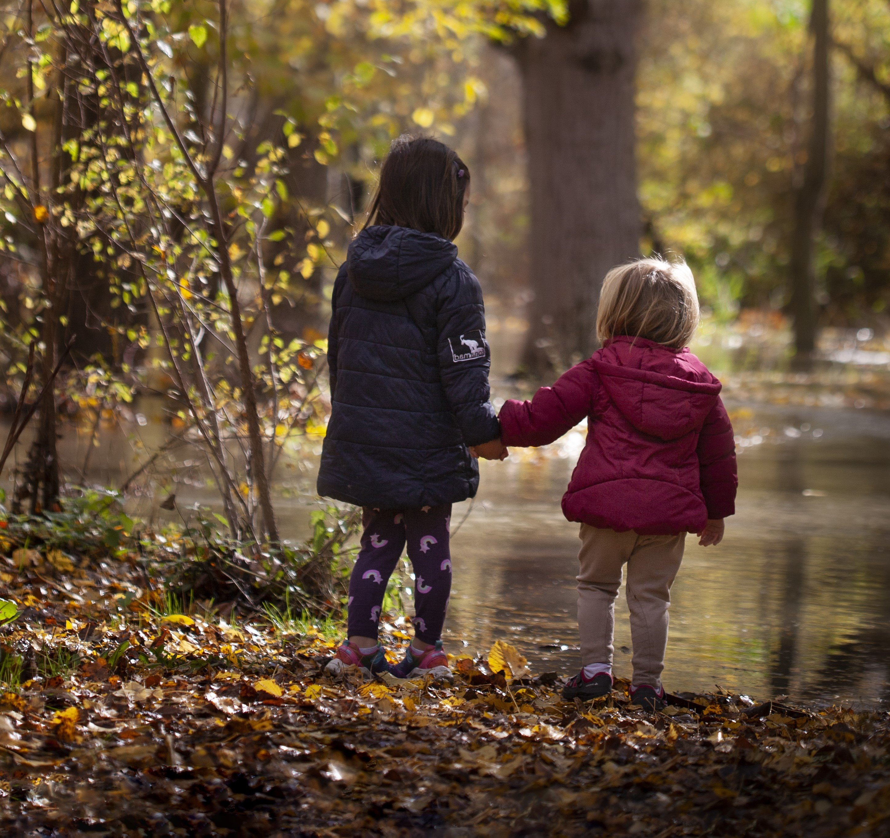 Two children standing by a lake holding hands