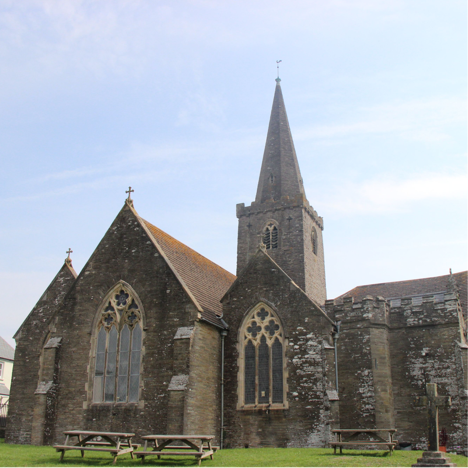 traditional english church with clear blue sky