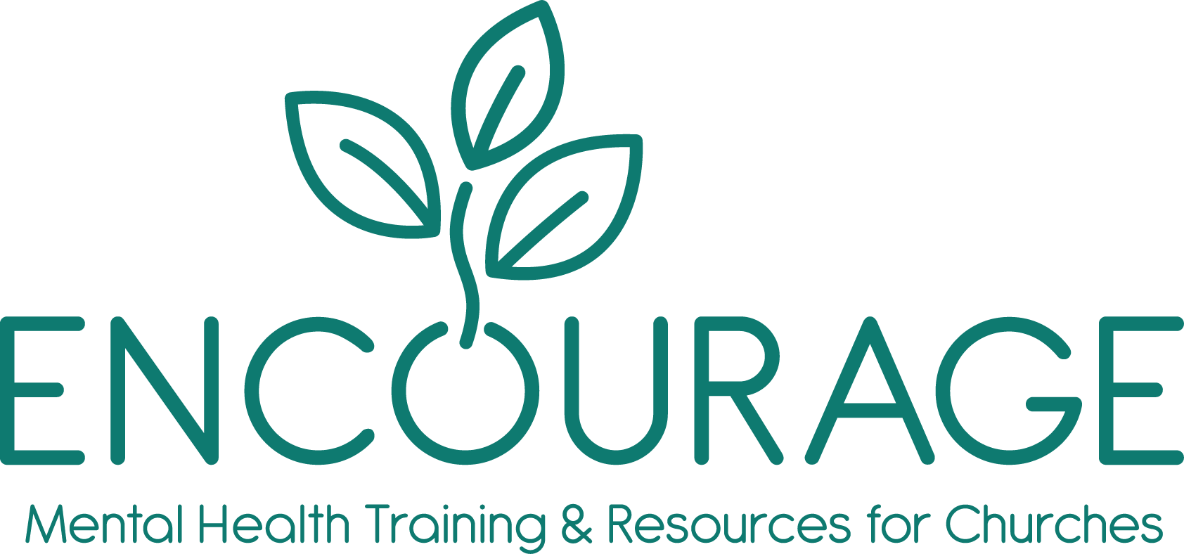 Logo for encourage mental health training and resources for churches. it has the word encourage with the O made to look like a seed that is growing with three leaves