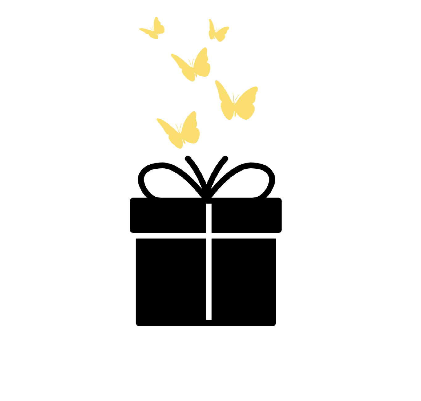 Image of a black gift box with yellow butterflies emerging from it.