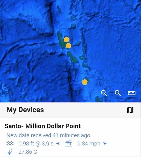 A screenshot of data from the dashboard website for the ocean climate monitoring buoys displaying data for the buoy located at Million Dollar Point, Espiritu Santo