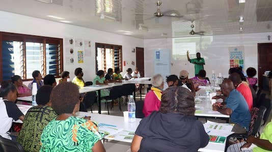VanKIRAP Agriculture sector coordinator Pakoa Leo presents at the ‘Climate Information Services for Farmers’ workshop at the Vanuatu Christian Council office in Port Vila