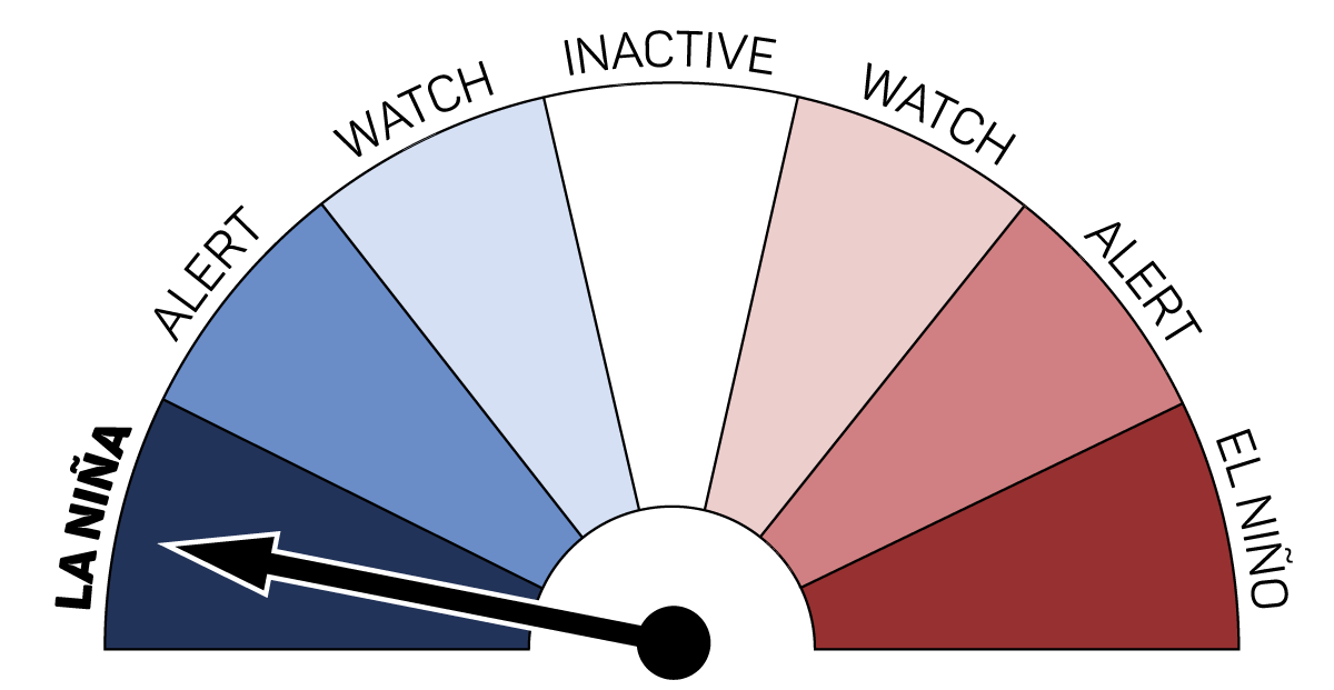 Semi-circular gauge graphic with 7 segments indicating that ENSO is currently in 'La Niña' status