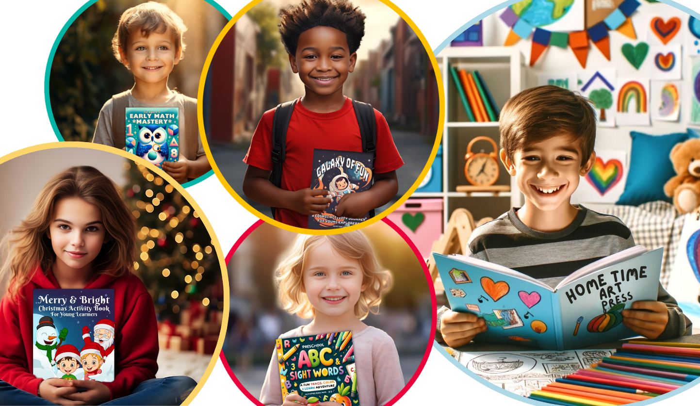 An enthusiastic child joyfully opens a Home Time Art Press book, their face alight with wonder and excitement. They are surrounded by a vivid and imaginative backdrop, highlighting the moment of discovery and engagement with educational stories and activities.