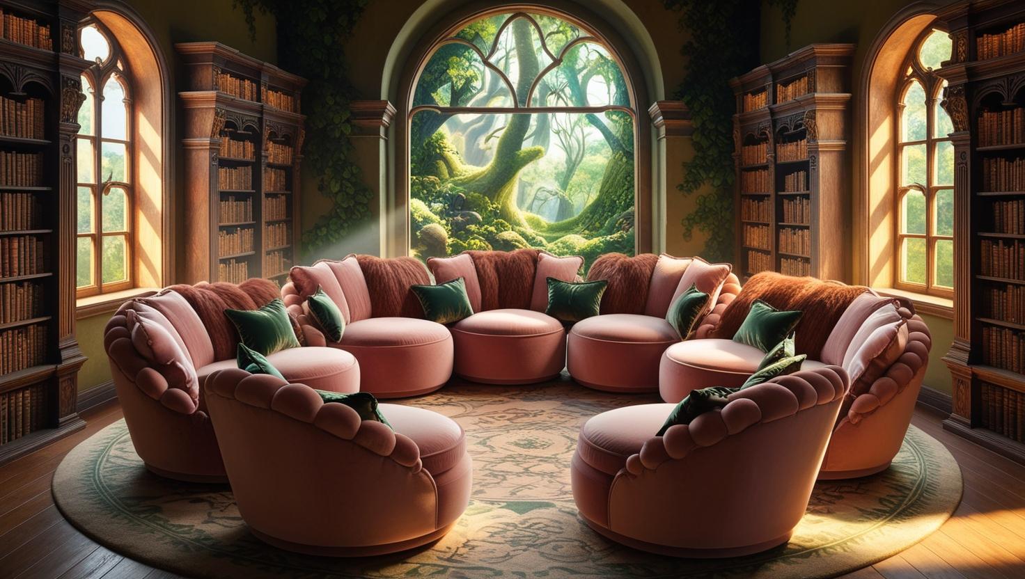 Comfortalbe chairs in a circle inside a magical forest library