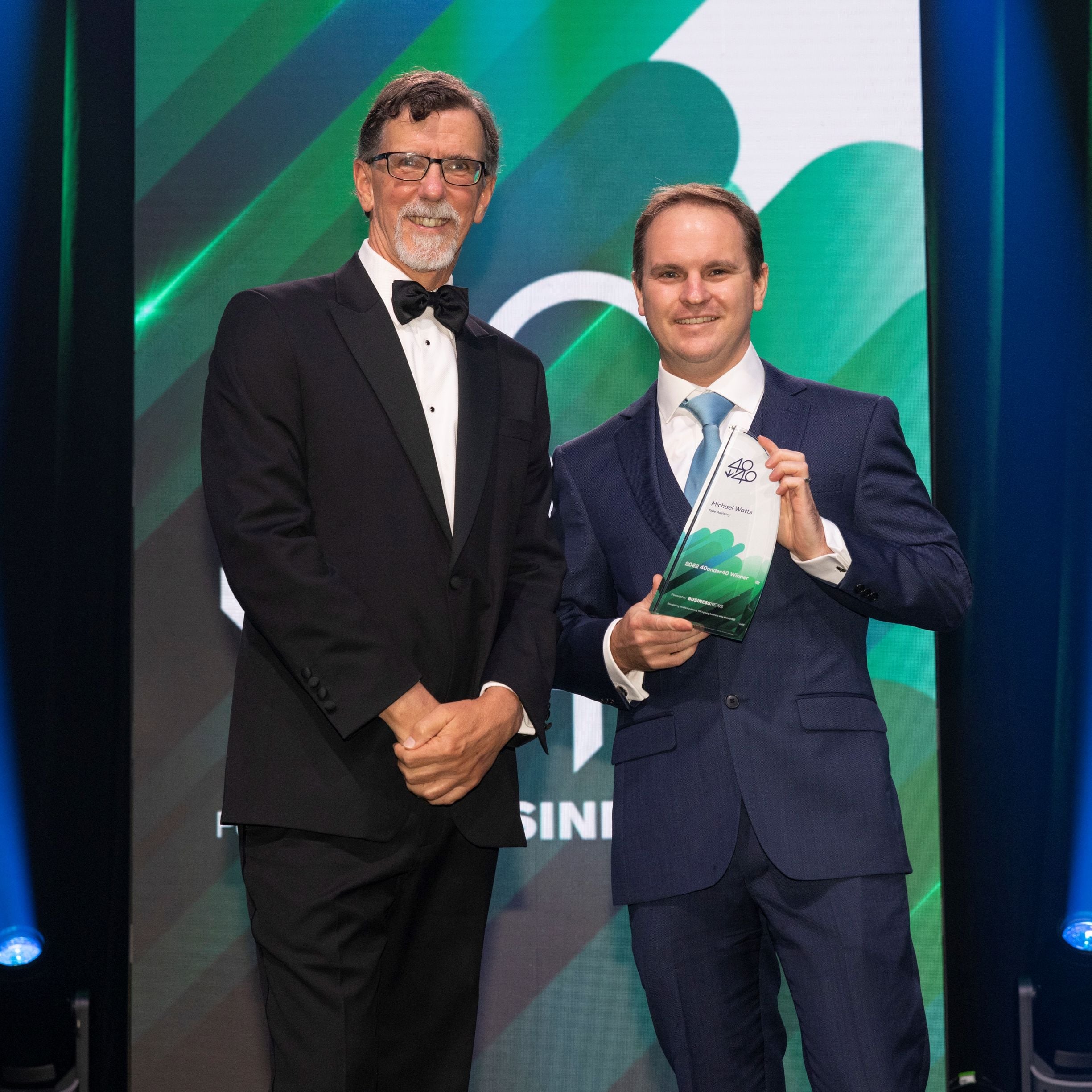 ToBe Advisory founder Michael Watts (right) holding 40under40 award, pictured alongside Mark Beyer (left)