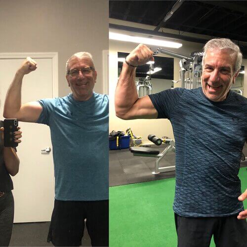 older man with grey hair showing before/after muscle gain