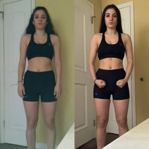 young woman with black hair showing before/after muscle gain