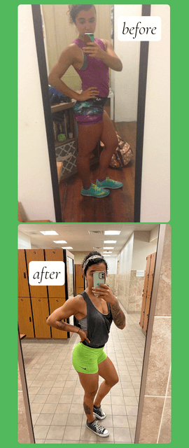 photos of a young woman before and after her weightlifitng journey