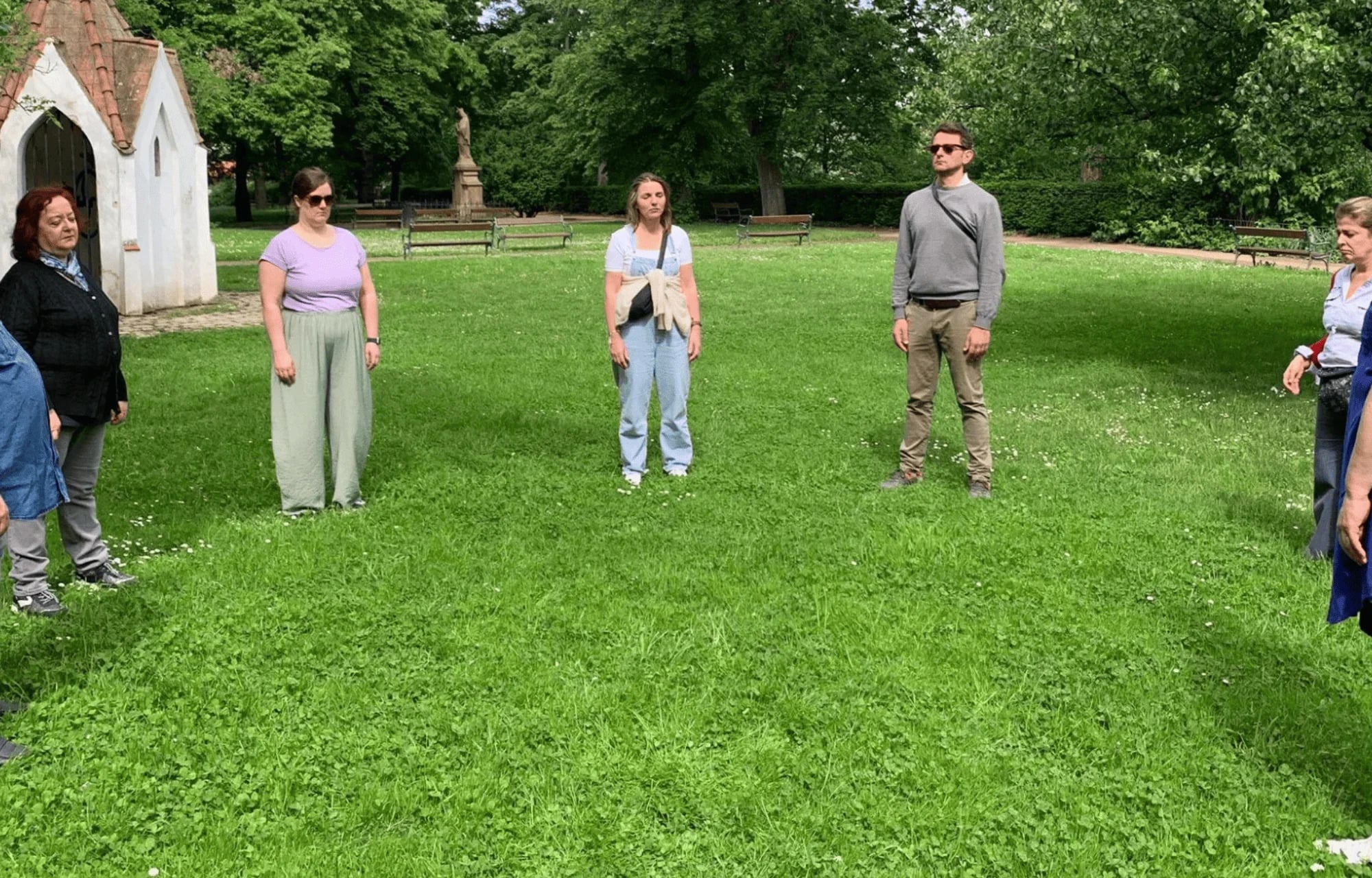 Teachers doing an outdoor education activity in a Prague park during a Vice Versa Academy course