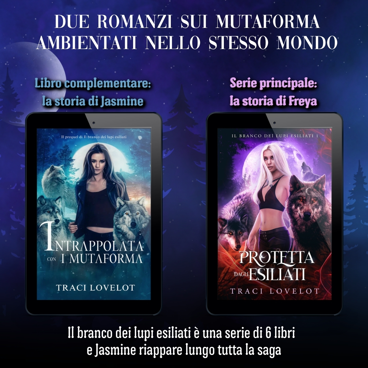 Due romanzi sui mutaforma ambientati nello stesso mondo. Grafica con entrambe le copertine: Intrappolata con i mutaforma (libro complementare) e Protetta dagli esiliati (serie principale).