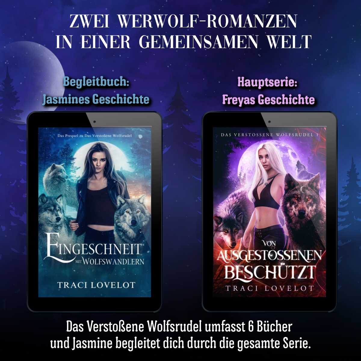 Zwei Werwolf-Romanzen in einer gemeinsamen Welt: Promobild zeigt beide Cover, Eingeschneit mit Wolfswandlern (Begleitbuch) und Von Ausgestoßenen Beschützt (Hauptserie).