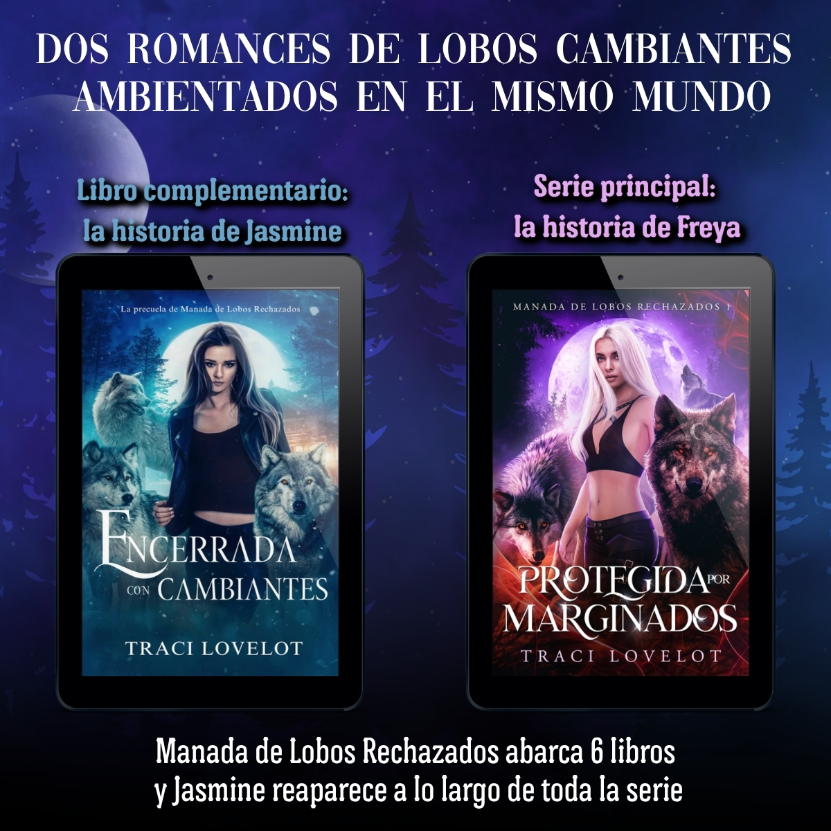 Dos romances de lobos ambientados en el mismo mundo. Imagen con ambas portadas: Encerrada con Cambiantes (libro complementario) y Protegida por Marginados (serie principal).