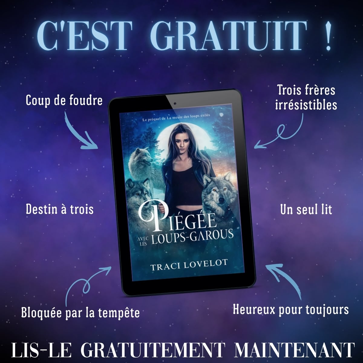 C'est gratuit ! Visuel promo de Piégée avec les loups-garous.