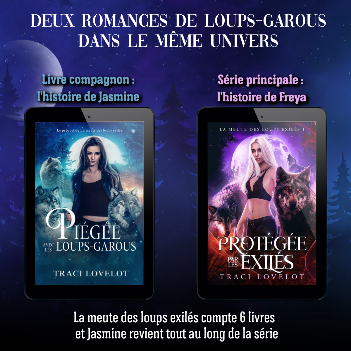 Deux romances de loups-garous dans le même univers. Visuel avec les deux couvertures : Piégée avec les loups-garous (livre compagnon) et Protégée par les exilés (série principale).