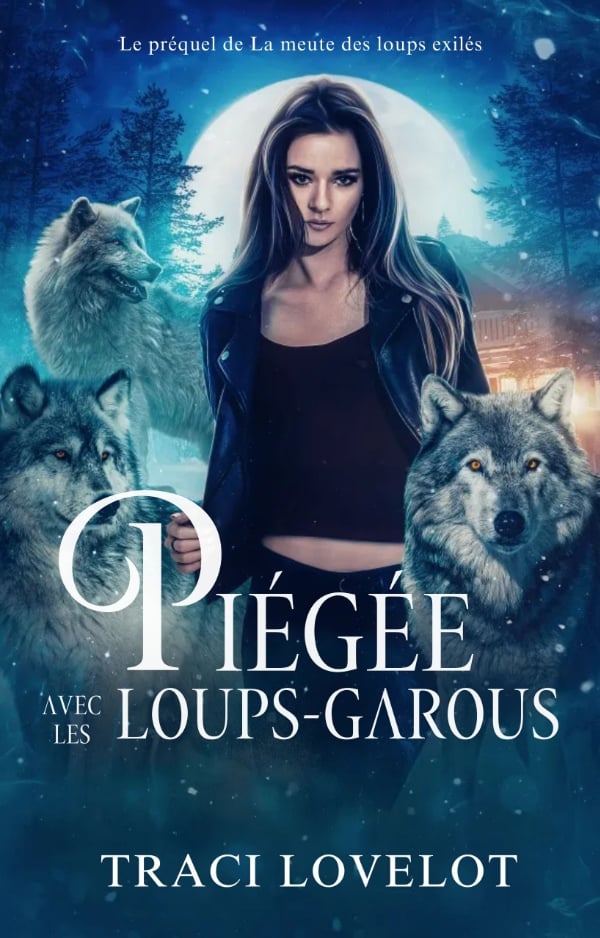 Couverture de Piégée avec les loups-garous de Traci Lovelot. Femme sur fond enneigé éclairé par la lune.