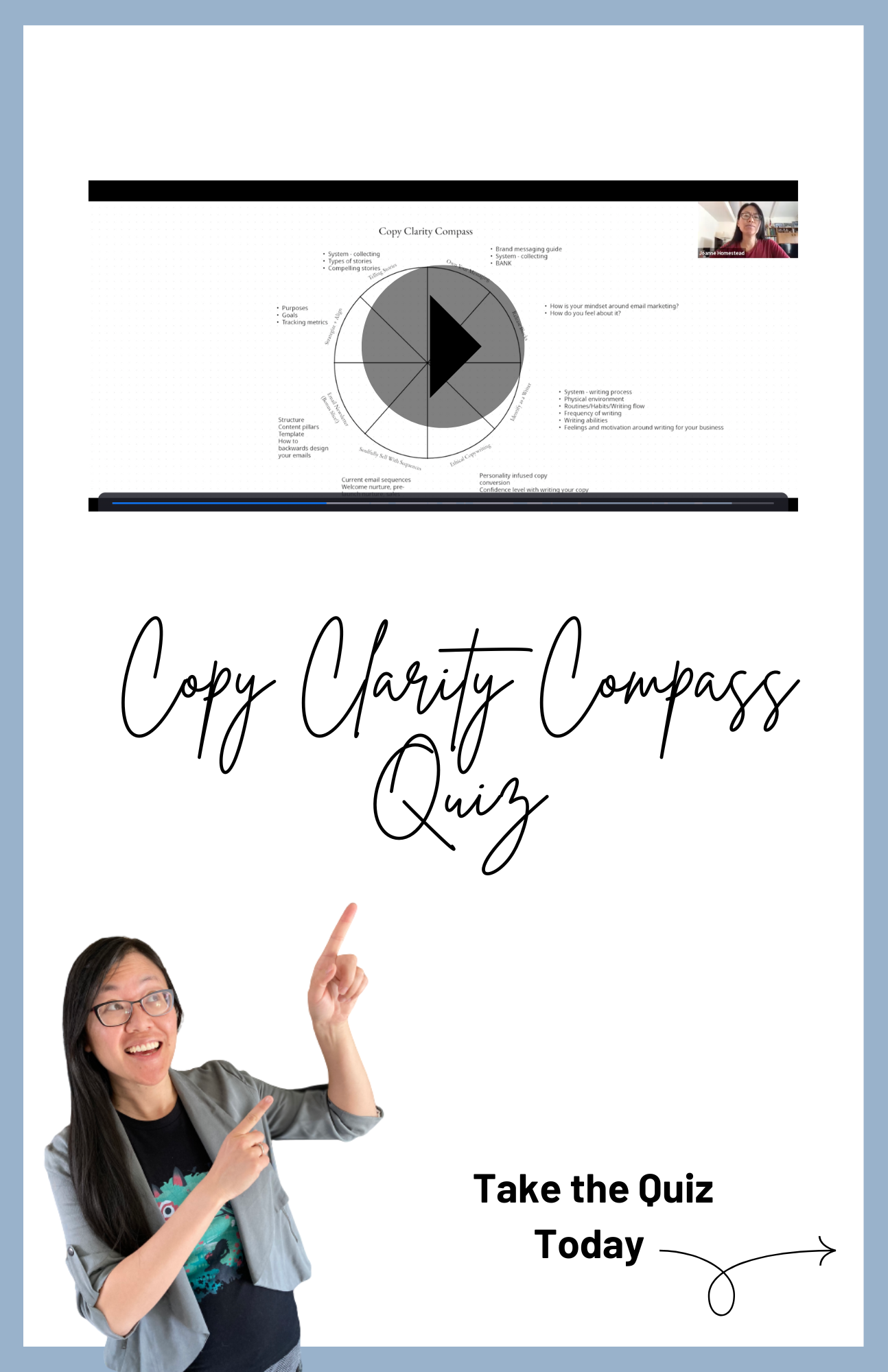 Mini Workshop and Coworking session Let Your Stories Resounds Connect Compel and Sell with Audacious Authenticity with headshot of Joanne Homestead email copywriter and copy coach