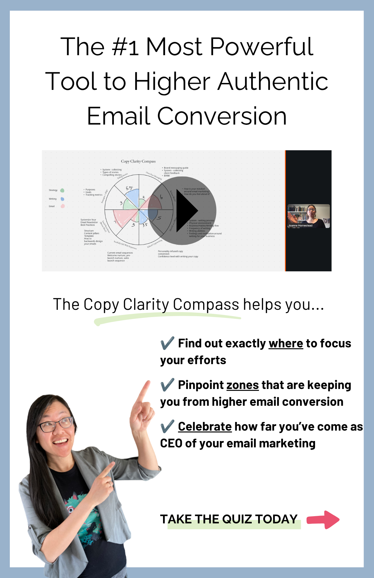 Mini Workshop and Coworking session Let Your Stories Resounds Connect Compel and Sell with Audacious Authenticity with headshot of Joanne Homestead email copywriter and copy coach