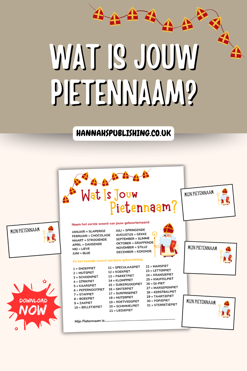 Sinterklaas Pietennaam Spelletje, Wat is Jouw Pietennaam, Spelletjesavond Sinterklaas Holiday, Dutch Sinterklaas Feest